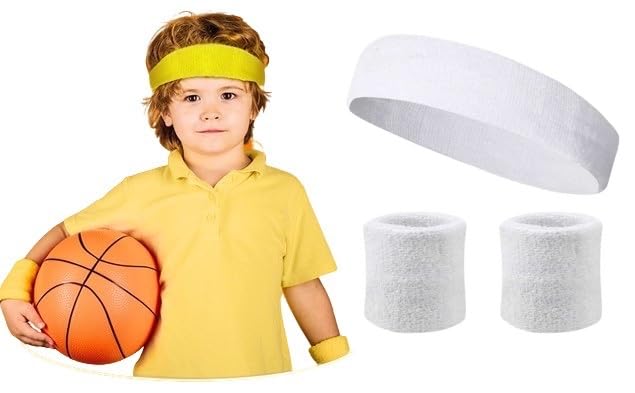 play2fit kids sweatbands toddler headband wristband set - athletic polycotton sweat band for kids youth baby (1 headband + 2 wristbands) (white)