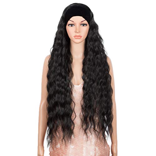 Headband Synthetic Wig 38” Super Long Wavy Wig Machine Made Glueless Headband Wig for Black Women (38 Inch, 1B)