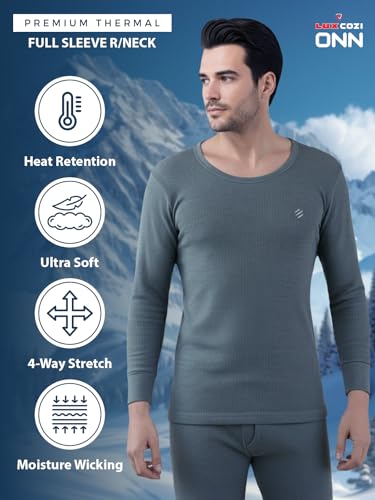 Image of Lux Cozi ONN Men's Round Neck Full Sleeve Skin Friendly Winter Wear Thermal Top and Bottom Set | Thermal Set for Men
