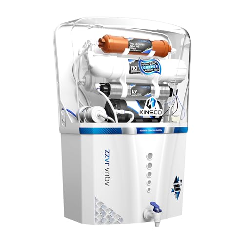 Kinsco Aqua Jazz ISI Copper Alkaline RO Water Purifier | RO + UV + UF + TDS + Copper Technology | Auto Start/Stop | 15L Tank Capacity | White