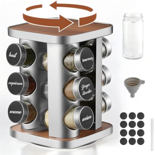 Moreau Especiero giratorio de acero inoxidable, organizador especias， botes especias，estante para especias, para el almacenamiento de especias de cocina (A.con 12 tarros de especias)