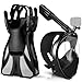 Odoland シュノーケルセット フルフェイス型 ダイビングマスク+調整可能フィン+収納袋付き 180度超広角 GoPro取付可能 曇り止め スキューバ足ひれ 着脱簡単 シュノーケリングセット 水中眼鏡 耐衝撃 潜水メガネ 男女兼用スノーケルセット 大人、子供、初心者向け ブラック L/XL