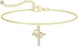FDEETY Bracciale con Mini Croce in Oro 18 Carati Catena in Acciaio Inossidabile con Zirconi Bracciale a Croce Ecologico in Rame con Micro Zirconi Regalo Consigliato Profilo Molto Basso