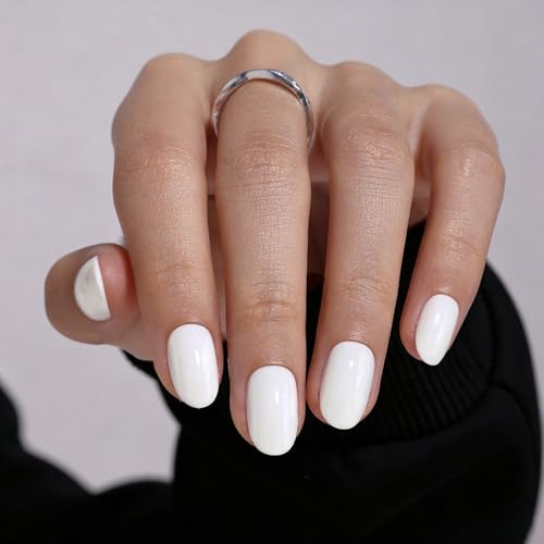 All White Press on Nails Oval - GJZEZ Soft Gel Solid Color Short ...