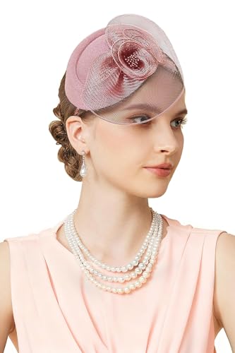 BABEYOND Fascinator Hut für Damen Elegante Kopfbedeckung mit Mesh-Blumen Stirnband und Haarclip für Hochzeiten Damen Race Day Cocktail Party Nude-Rosa