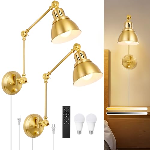 Image of 2 Pack Plug in Wall Sconces with Remote, Dimmable, Adjustable Colors, Swing Arm Wall Lamps, Wall Sconces Set of Two with Timer & Night Light, Plug-in or Hardwired (Gold, with Bulbs+Remote)