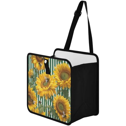 Image of Car Trash Can Organizer Bin with Adjustable Strap for Back Front Seat Console Waterproof Leakproof Collapsible Portable 8.66 Inch Green Striped Sunflowers and Honey Bees
