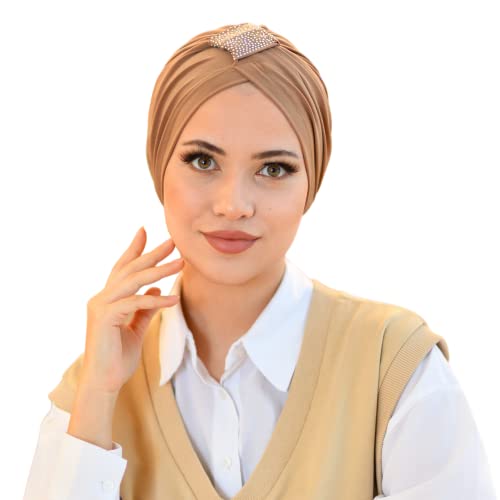 SUFIRIT Jeweled Cross Turbans For Women Caramel-Hijab Undercap-Hijab Underscarf-Hijab Cap-Instant Hijab-Jersey Hijab-Sleep Bonnet-Hair Bonnet-Hijab Scarfs For Women-African Head Wraps For Women Muslim
