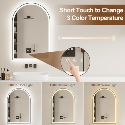 Arched LED Bathroom Mirror 24"x36", Black Bathroom Mirror with Lights-Anti-Fog, Dimmable-LED Mirror for Bathroom,3 Colors - Image 5