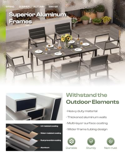 Image of Outdoor Dining Set for 6, Patio Table and Chairs Set with Umbrella Hole, 7 Pieces HDPS + Aluminum Outdoor Furniture Sets for Patio, Garden (Charcoal)