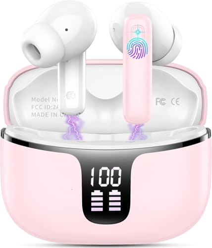 Wireless Earbuds Wireless Headphones Bluetooth 5.3 with 4 ENC Noise Cancelling Mic 40Hrs Bluetooth Earphones 14.2mm Drivers In Ear Earbuds 2025 Deep Bass Stereo Ear Buds IP7 Waterproof/LED Pink