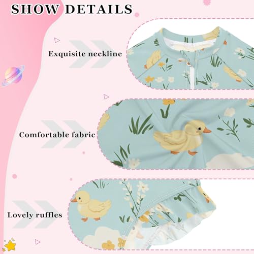 Yellow Duck Floral Girls Long Sleeve Swimsuit Rash Guard One Piece Bathing Suits Zipper 3-12T4