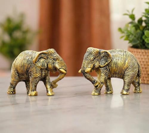 Image of KridayKraft African Elephants Animal Decorative Showpiece Figurine Set of 2 Pcs Metal Handcrafed Gold Toned Antique Finish, Home Decor