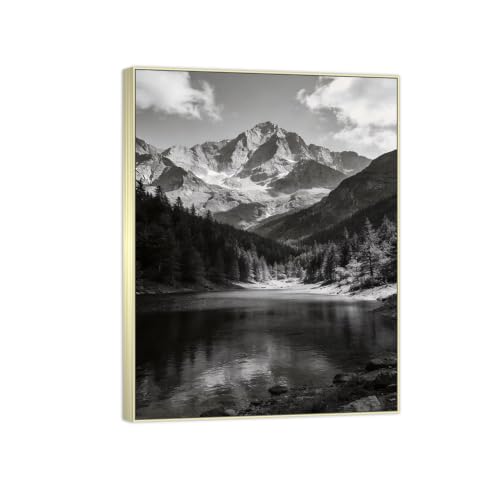 Tableau toile 30x40cm cadre argenté paysage lac montagne chic