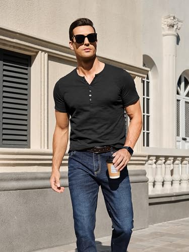 Comdecevis Men's Henley Shirts Short Sleeve Regular Fit Shirts Vintage Casual Button V Neck T-Shirts for Men3