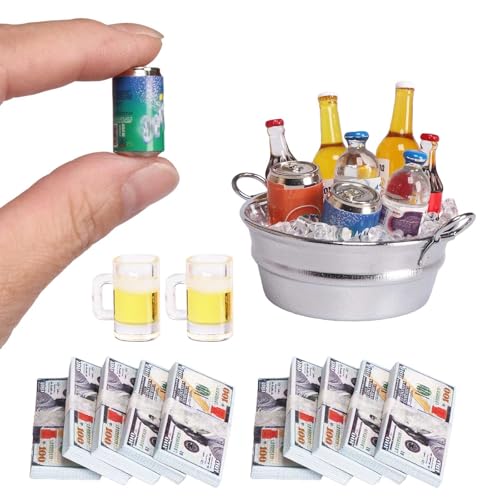 FTYHXP 1 Set Doll House Items Mini Beer Soda Cans Water Bottle with Miniature LCE Bucket&LCE Miniature Money for Mini Christmas Elf Doll Props&Accessories,Craft Projects,Action Figure Accessories