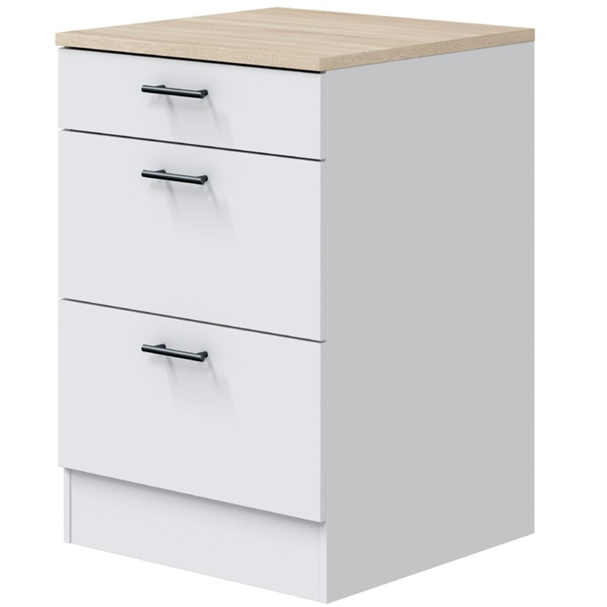 Meuble bas de cuisine avec plan de travail 3 tiroirs blanc et bois 60cm