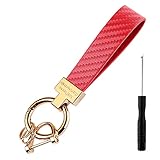 Turcee Carbon Fiber Car Keychain,Automotive Interior Accessories Keychains Leather Car Key Fob &Anti-Lost D-Ring(Red)