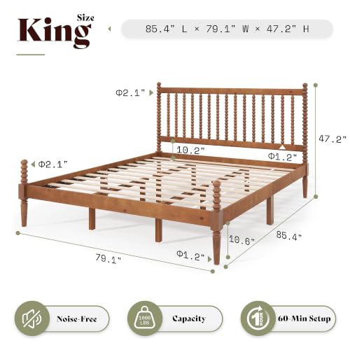 Image of AMERLIFE King Solid Wood Bed with Bobbin Spindle Headboard, Brown