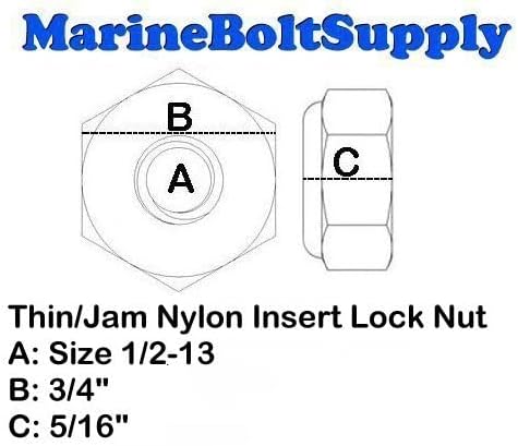 Stainless Steel Thin Jam Nylon Insert Lock Nuts 1/2-13 (pack of 10) Marine Bolt Supply