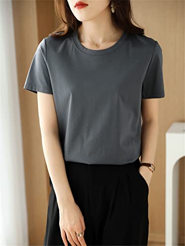 FULBHPRINT Zomer Mercerized Katoen Vrouwen Zijde T-Shirts O Hals Korte Mouw Losse Rechte Tops Eenvoudige Casual Tees - Afbeelding 6