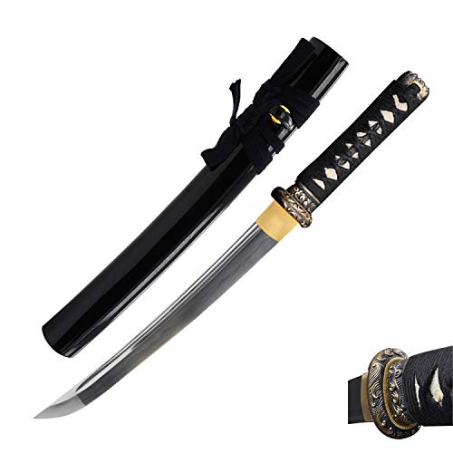 Hms Japanese Samurai Tanto Sword, Brass Tsuba And Fittings, Hand Forged, 1080 Carbon Steel, Black Scabbard, Sharp, Battle Ready #TOP7