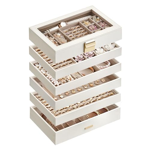 SONGMICS GISELLA Collection - Stackable Jewelry Trays, 4-Tier Jewelry Box, Drawer Jewelry Organizer, with Glass Lid, Removable Dividers, 6.7 x 11 x 7.2 Inches, Gift Idea, Cloud White UJBC164