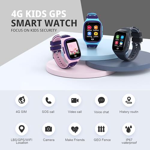 Image of 4G Kids Smart Watch Boys with GPS Tracker Location Video Call Cell Phone SOS Calling Voice Chat Camera Alarm Clock Touch Screen SmartWatch Gifts for Age 5-12 Kids (Black)