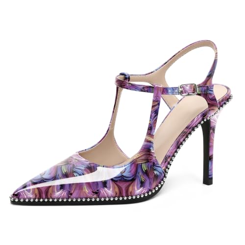 Image of SAMMITOP Womens High Heels Ankle Strap Pointed Toe Stilettos Patent Leather Beaded Pumps Dress Shoes 3.5 Inch