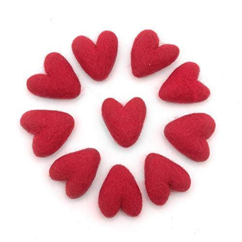 Glaciart One Red Felted Hearts - 1.5 (10 Pcs) - Needle Felting - Needle Felting & Essential Oils Ready - Handmade in Nepal Using 100% Natural New Zealand Wool for Art Projects & Valentines Decor