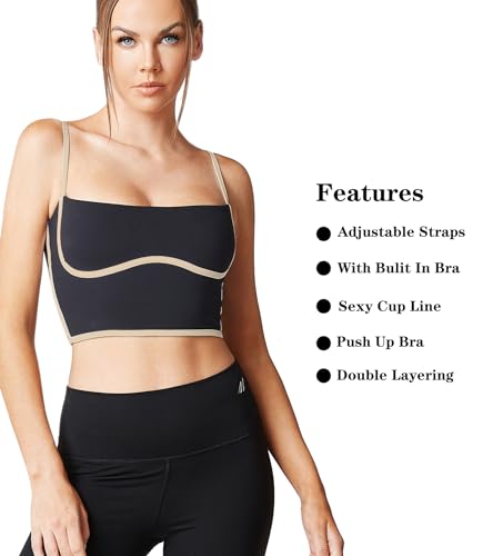 Image of Sleeveless Spaghetti Strap Padded Sports Bra Tank Tops Square Neck Double Layer Workout Fitness Basic Crop Tops