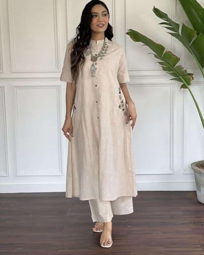 Image of Women's Cotton Embroiderd Long A-Line Kurti with Palazzo