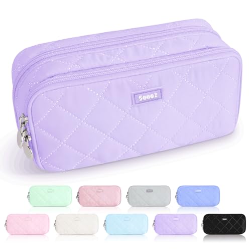 Sooez Large Pencil Case Pouch Extra Big Pencil Bag with 8 Compartments Pen Bag Wide Opening Soft Quilted Pencil Pouch Organizer with Zipper Portable Pencil Case for Teen Girls Purple