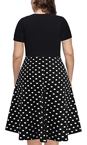 Bedoar Plus Size Summer Boho Polka Dot Short Sleeve V Neck Swing Midi Dress With Pockets(B004-Black+Dot-22W) #TOP1