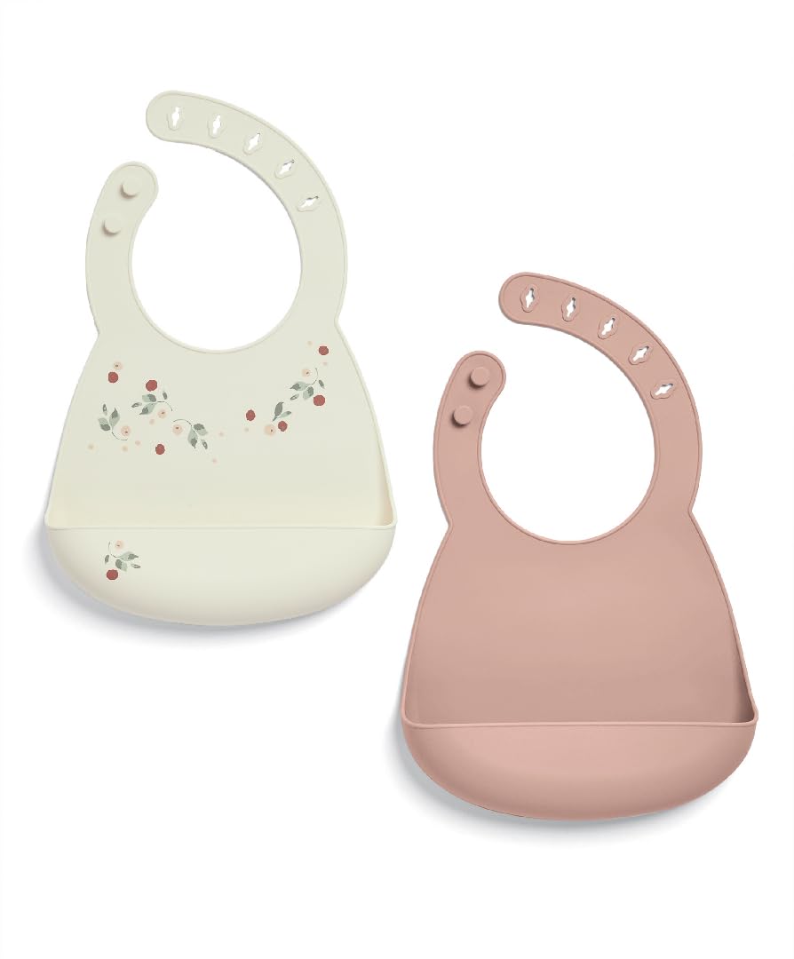 Mamas & Papas Silicone Bibs 2 Pack - Floral Berry - Adjustable - Wipe Clean - Dishwasher Safe