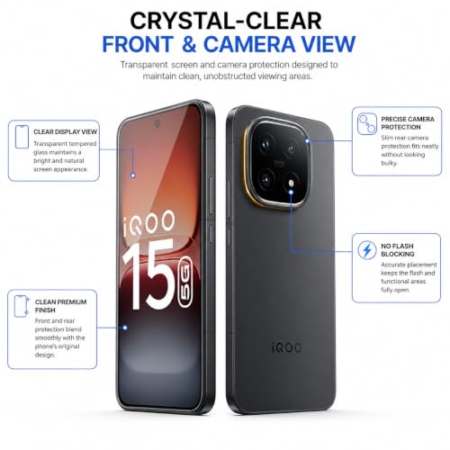 Image of FIRST MART Tempered Glass & Camera Lens for IQOO 15 With Edge to Edge Coverage, Case Friendly, Camera Metal Alloy Rings & Easy Installation Kit | Black, Ultrasonic Fingerprint Working