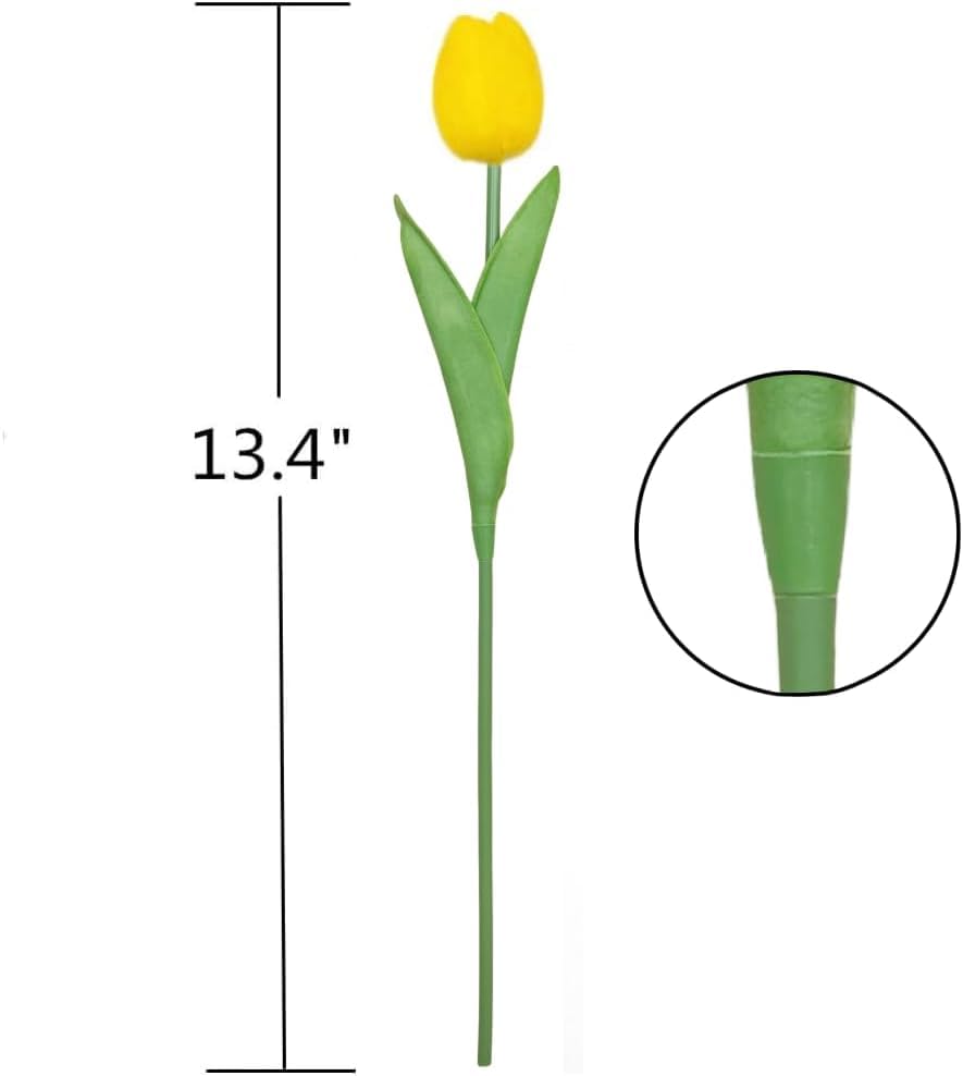 Image of Artificial Tulip Flower Stems (Pack of 5, Vase Not Included) - Realistic Faux Flowers for Home Decor, Living Room, Bedroom, Office, Wedding Decoration (Yellow)