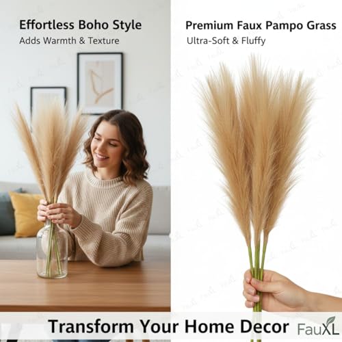 Image of Pack of 4 Pcs Artificial Flowers Faux Pampas Grass Small Fake Flower Plant for Home Decor, Office, Bedroom, Living Room, Table Decoration, Dried Plants (Without Vase Pot) (Light Brown)