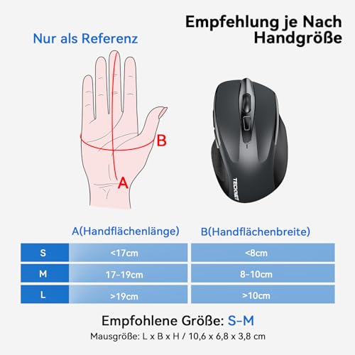TECKNET Bluetooth Maus, Wiederaufladbare Maus Kabellos(DREI Modi: BT 5.0/3.0 + 2.4G), 4800 DPI, Ergonomische Leise Funkmaus für Laptops, Mac OS, Android, Windows, Grau – Bild 7