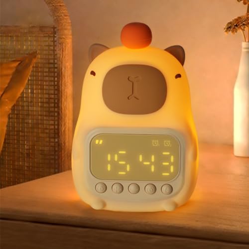 DNBFLLK Capybara Alarm Clock with Night Light for Kids, Cute Toddler Alarm Clocks for Bedrooms Ok to Wake Clocks for Girls and Boys, Rechargeable Silicone Animal Tabletop Lamp for Kid
