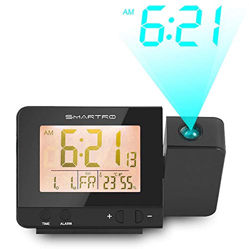 SMARTRO Projection Alarm Clock Digital Clock with Indoor Thermometer Hygrometer, USB Charger, Dual Alarm Clocks for Bedrooms, Travel, AC & Battery Operated