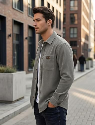 Image of IndoPrimo Men's Corduroy Shirt | Premium Ribbed Full Sleeve Casual Overshirt | Button-Down Solid Shirt with Chest Pocket | Regular Fit