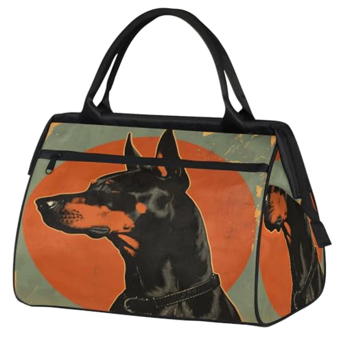 Vintage Dog Pattern Doberman Pinscher Travel Duffle Bag, Waterproof Duffel Bag Weekender Overnight Carry On Bag Lightweight Sport Gym Bag for Men Women