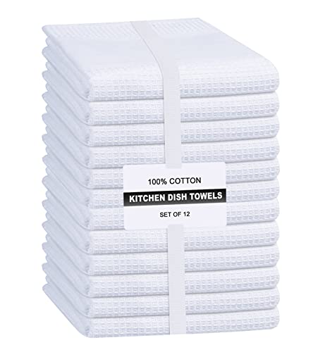 Linen Hub 12 Pack Kitchen Dish Towels 100% Cotton 16X26 Absorbent Durable Washable, Tea Towels, Dish Cloths, Bar Towels, Cleaning Towels, Kitchen Towels With Hanging Loop, White #TOP6
