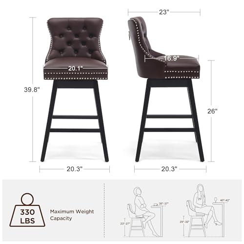Image of Brown Leather Swivel Bar Stools Set of 4 with Back, 26 Inch Counter Height Chairs, Solid Wood Legs, Tufted Seat, Comfortable and Stylish for Kitchen, Island, Home Bar(Brown, 4 Pack, 26 inch H)
