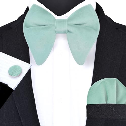 Image of GUSLESON Mens Solid Plaid Velvet Pre-tied Adjustable Bow Tie and Pocket Square Cufflink Set with Gift Box