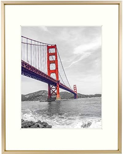 Frametory, 11x14 Aluminum Photo Frame with Ivory Color Mat for 8x10 Picture & Real Glass, Metal Picture Frame Collection (Gold, 1-Pack)