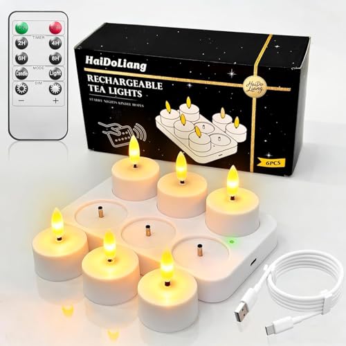 HAIDOLIANG Rechargeable Tea Lights with Remote Timer & Dimmer USB Flickering Battery Operated Flameless Candles for Aniversary Wedding Centerpiece Table Decor Halloween Christmas (6PCS)
