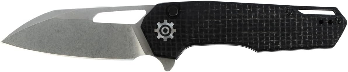 704 Gear Sabertooth | EDC Folding Pocket Knife with Finger Hole Cutout and Button Lock | 3.2" Blade, 14C28N Steel with Stonewash Finish, Reversible Pocket Clip | Black Micarta Handle