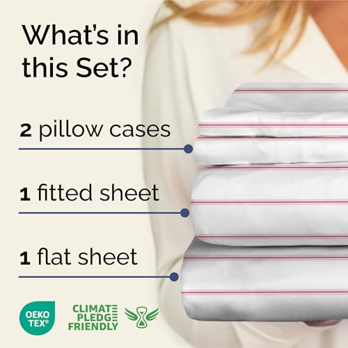 Image of Queen 4 Piece Striped Sheet Set - Soft, Breathable & Cooling - Red Stripe | 1 Flat, 1 Fitted & 2 Pillowcases w / Deep Pockets, Luxury Striped Bedding, Soft, Breathable & Cooling, Wrinkle & Fade Free